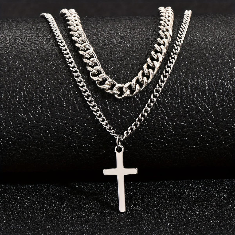 Layered Curb Chain Cross Pendant Necklace