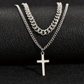 Layered Curb Chain Cross Pendant Necklace
