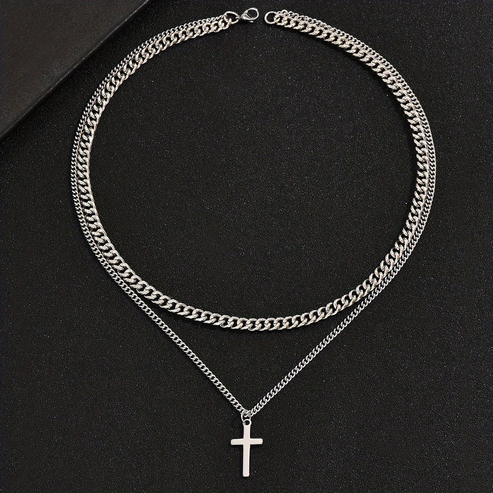 Layered Curb Chain Cross Pendant Necklace