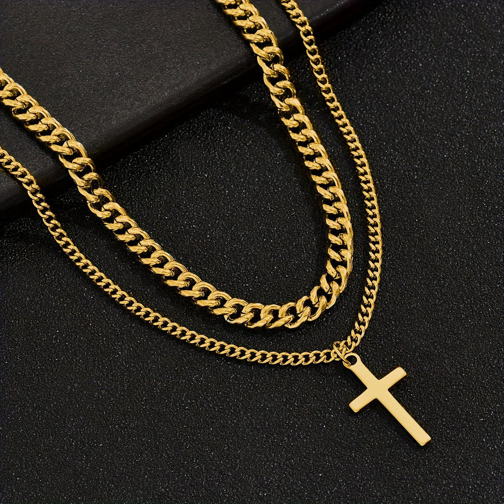 Layered Curb Chain Cross Pendant Necklace