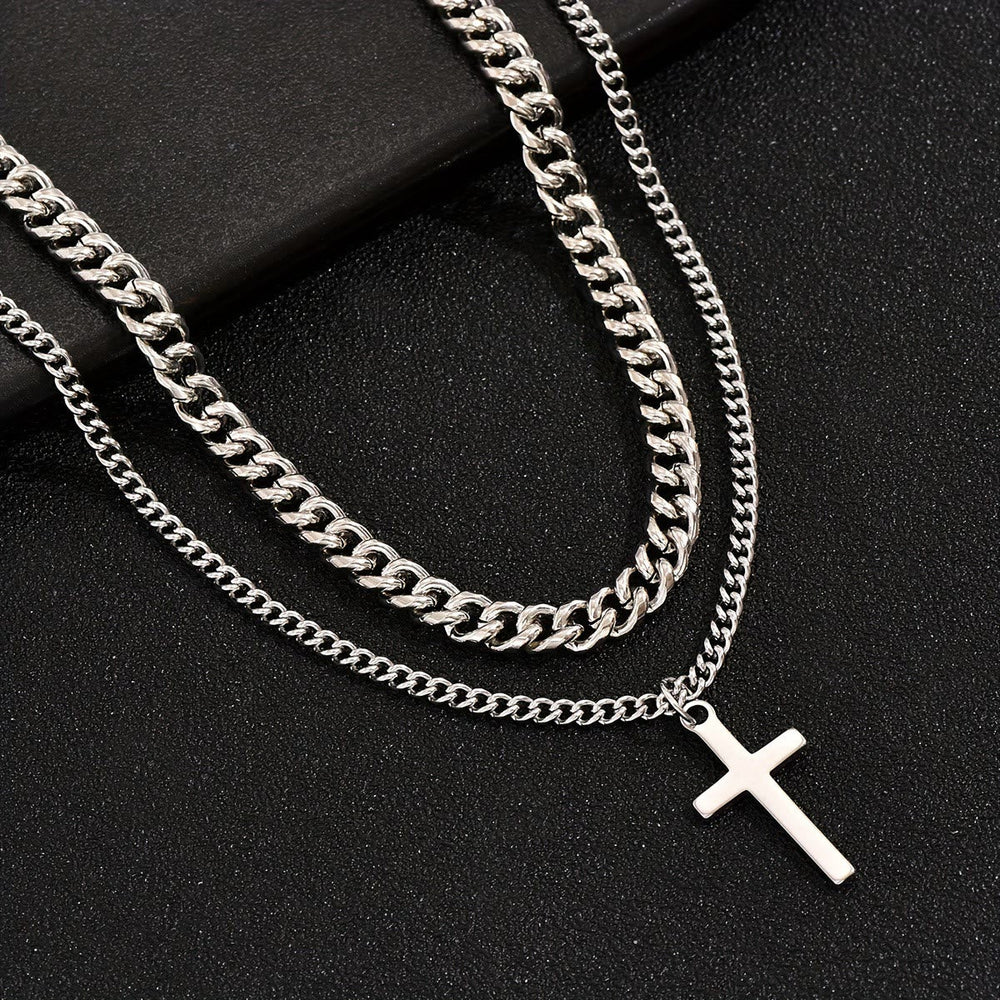 Layered Curb Chain Cross Pendant Necklace