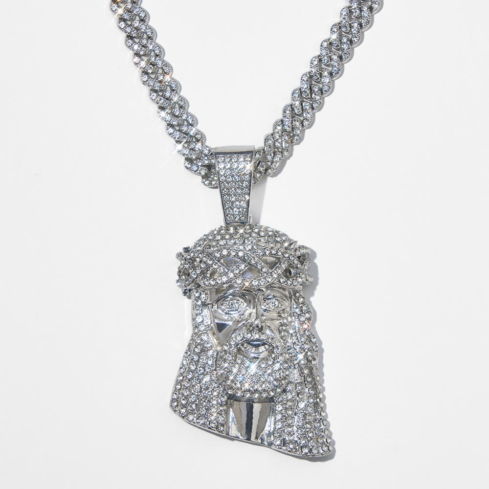 Iced‐Out Crown Thorns Jesus Head Pendant Cuban Chain