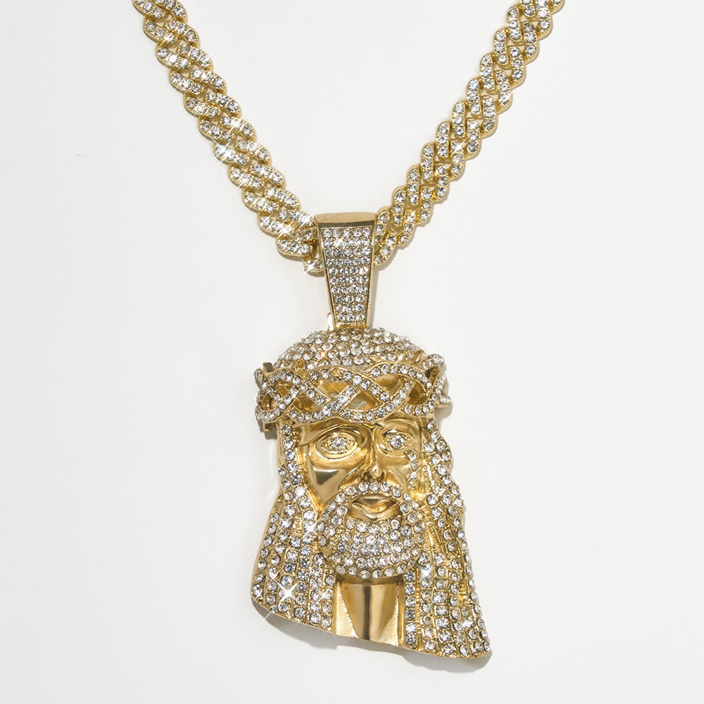 Iced‐Out Crown Thorns Jesus Head Pendant Cuban Chain