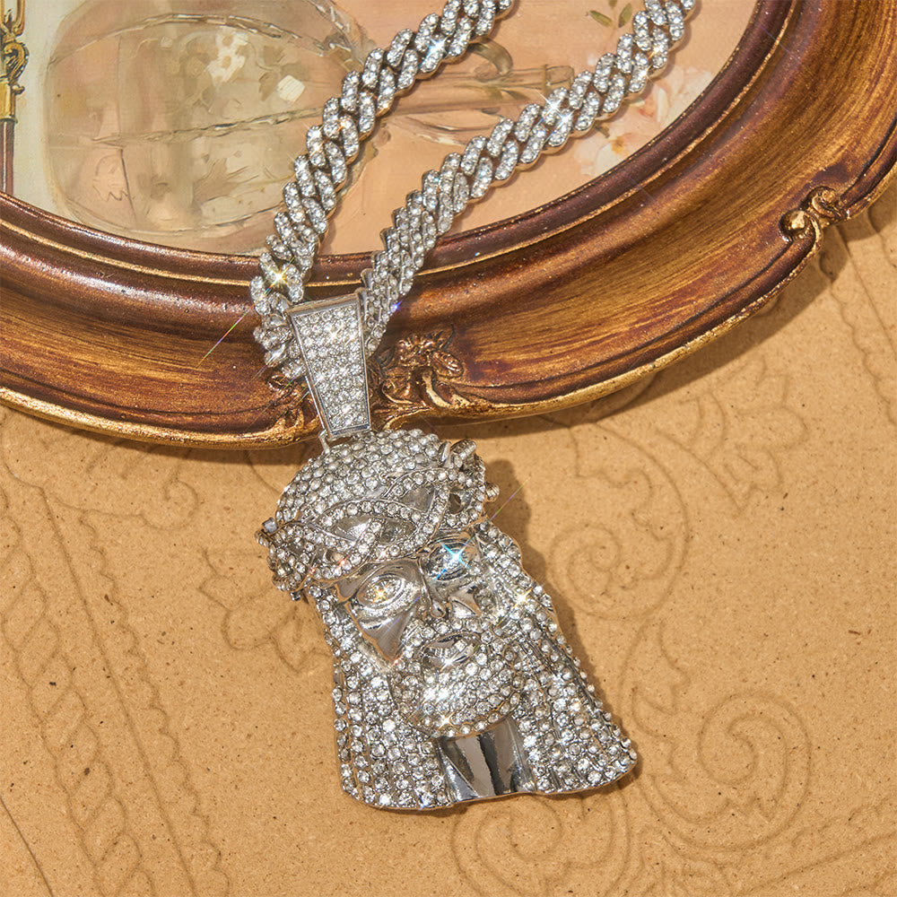 Iced‐Out Crown Thorns Jesus Head Pendant Cuban Chain