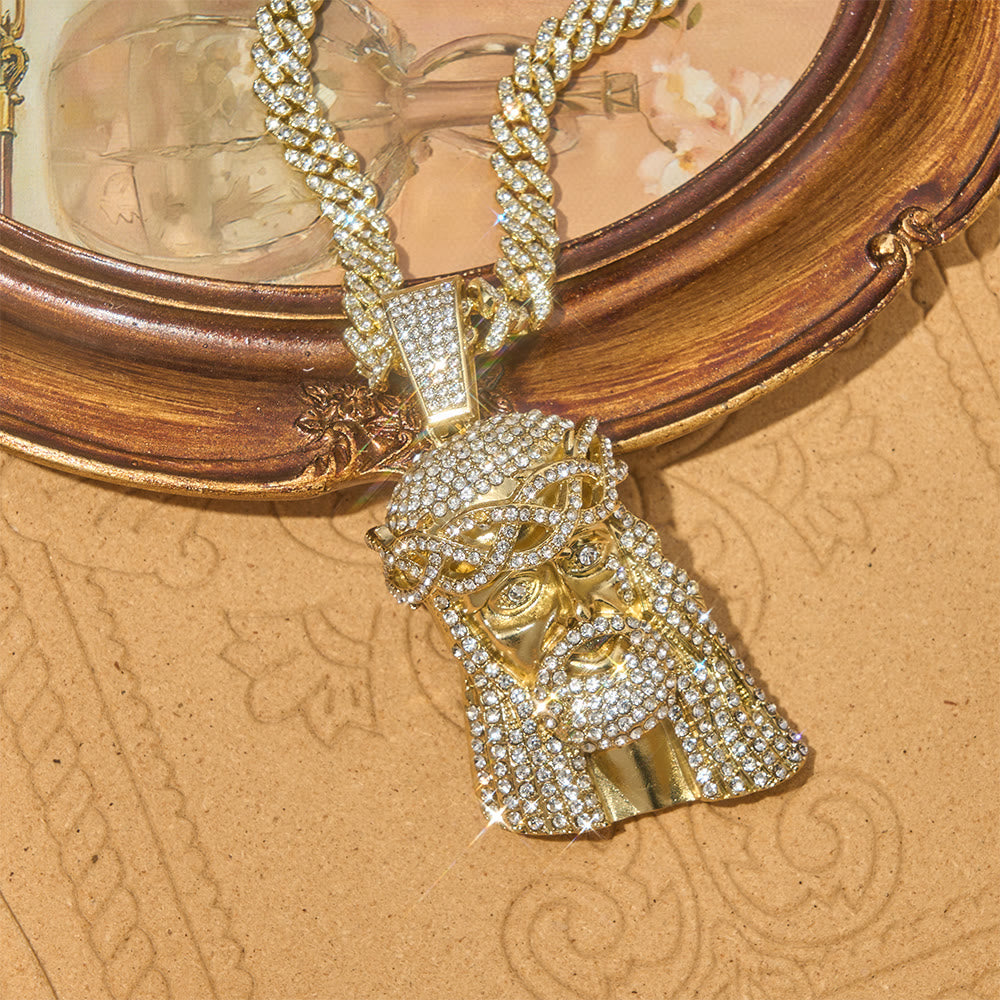 Iced‐Out Crown Thorns Jesus Head Pendant Cuban Chain