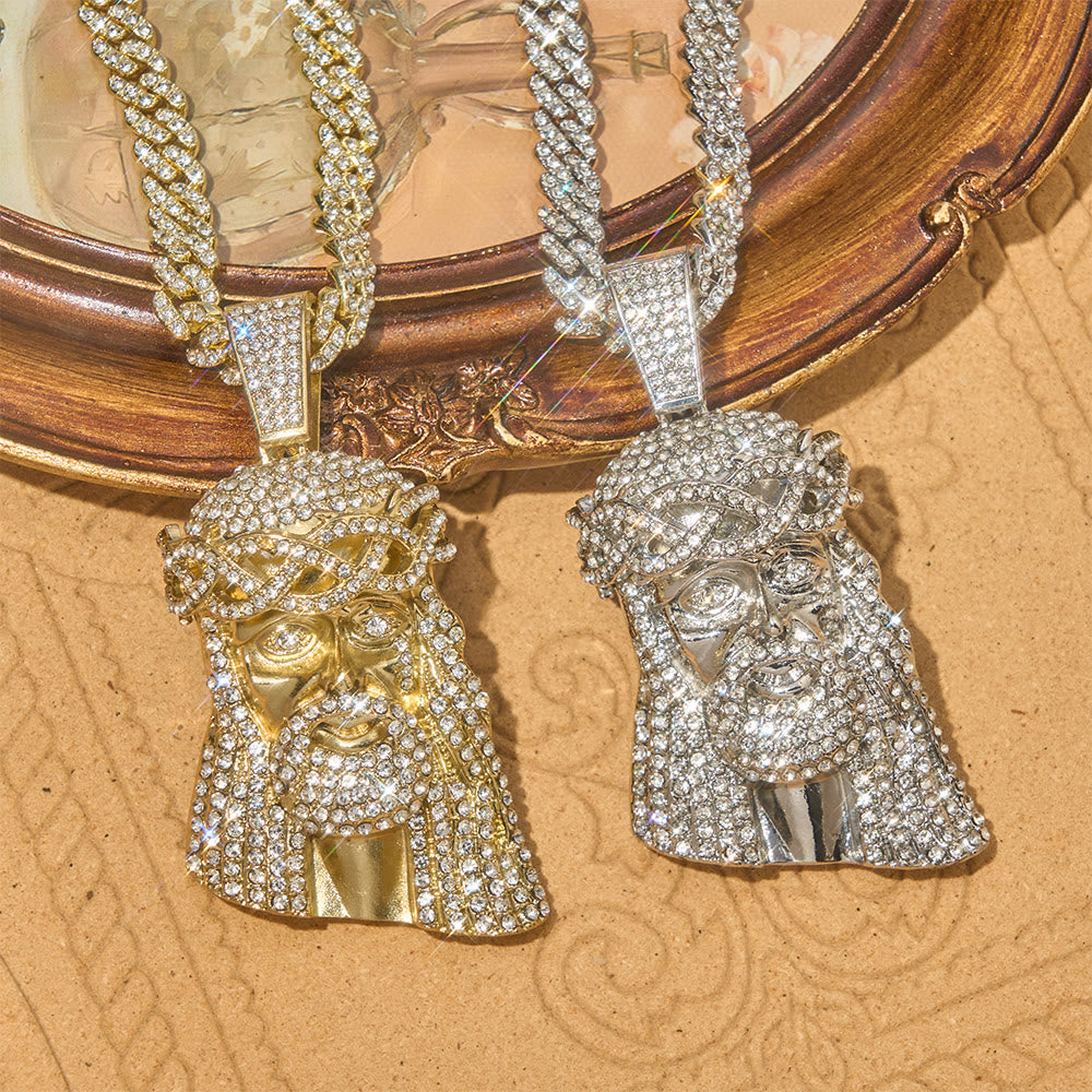 Iced‐Out Crown Thorns Jesus Head Pendant Cuban Chain