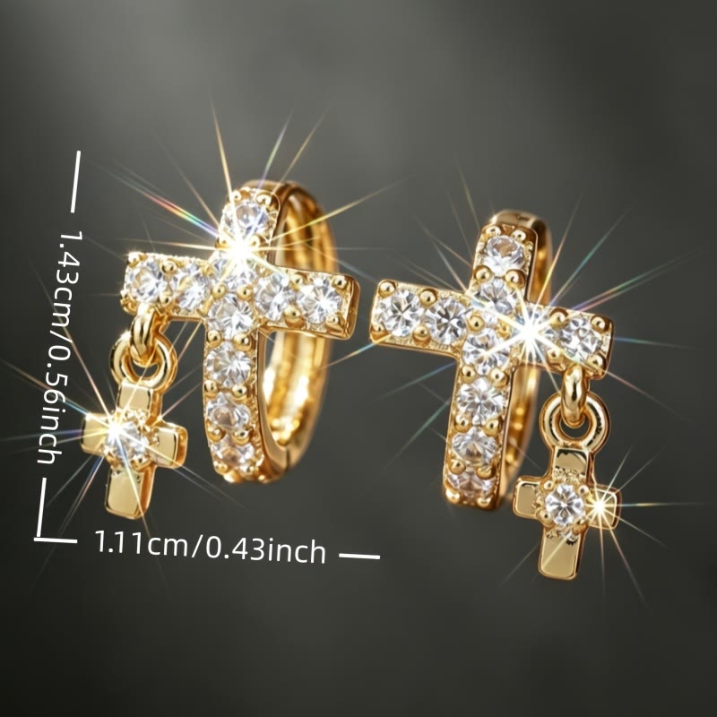 Brincos Cruz em pedras de cristal de argola duplo