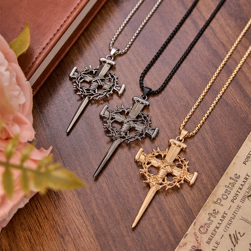 Sacred Crown of Thorns Nail Cross Alloy Necklace