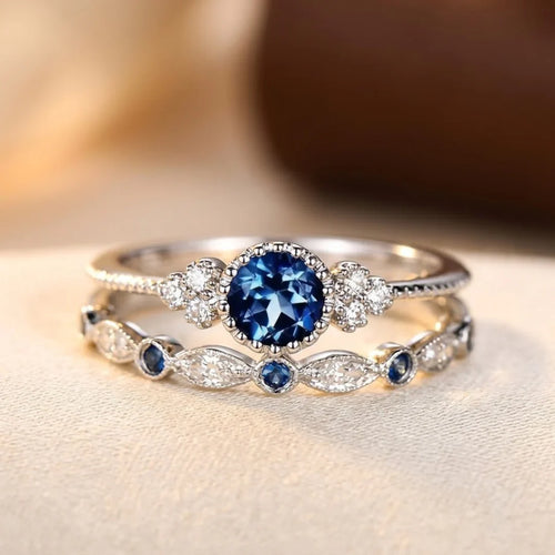 Adriele Blue Stone Halo Ring Set | Silver