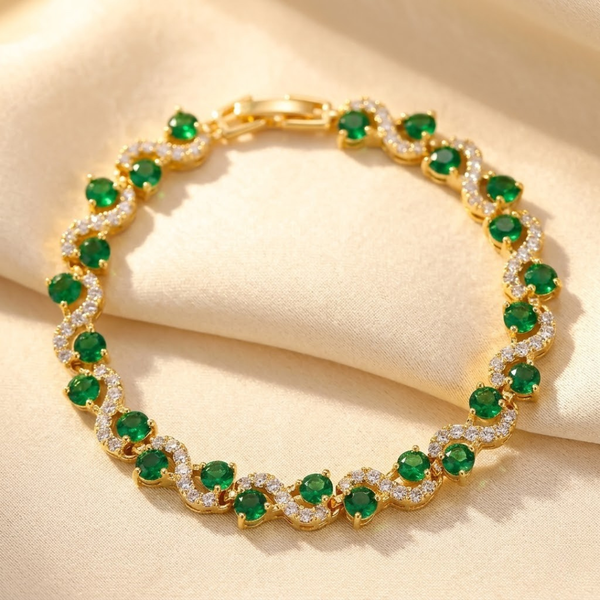 Pulseira Mércia Ondas Pedras Verdes | Dourado