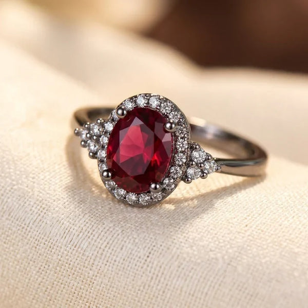 Cleide Red Stone Halo Ring | Silver