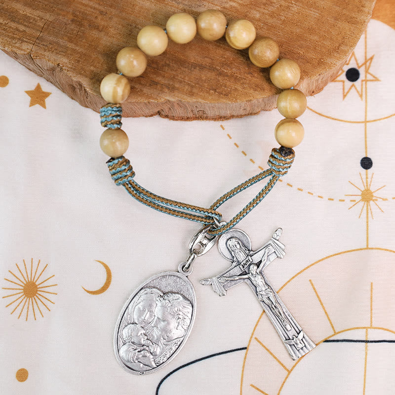 Mary Joseph with Baby Jesus Medal & Holy Trinity Cross Olive Wood Pocket