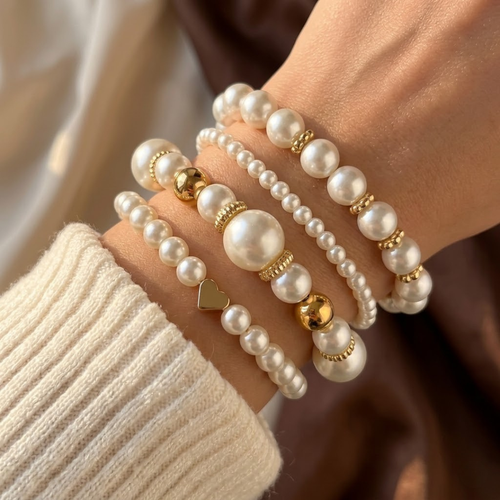 Conjunto Cibele Pulseiras Contas Efeito Pérola | Dourado