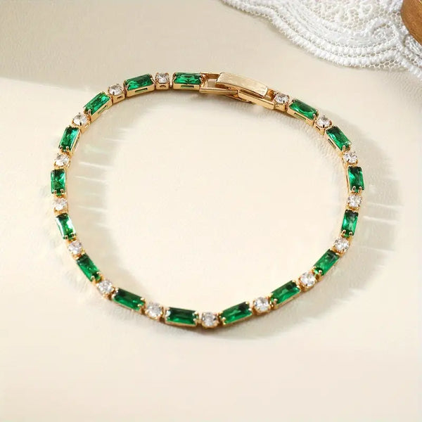 Pulseira Zuri Tênis Alternada Pedras Verdes | Dourado