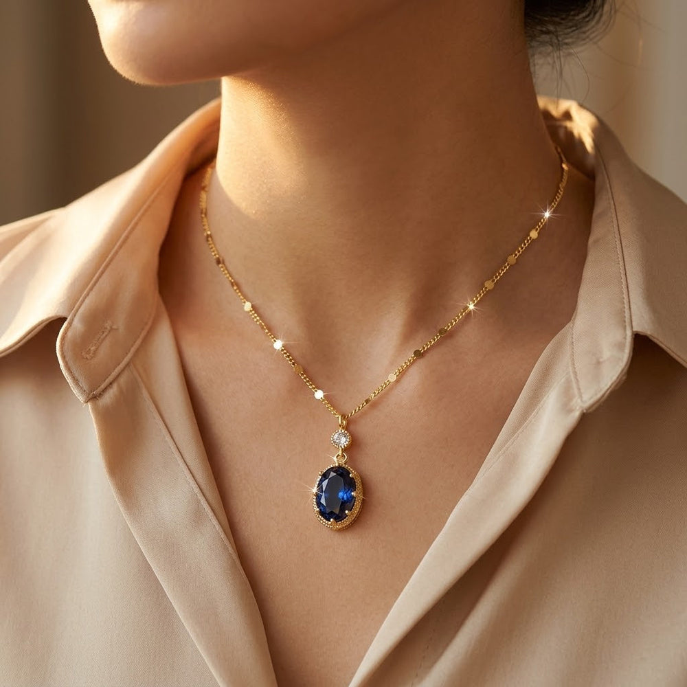Colar Eugênia Pingente Oval Pedra Azul | Dourado