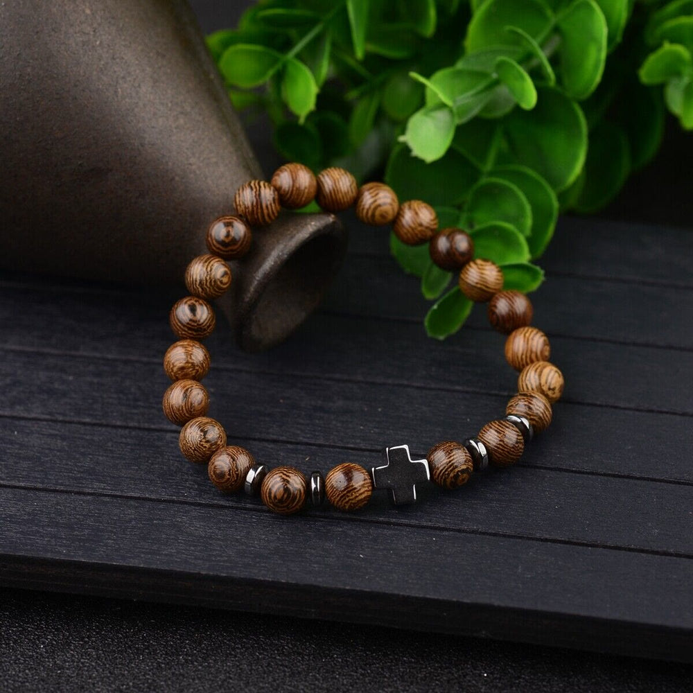 Cross Wooden Bead Bracelet