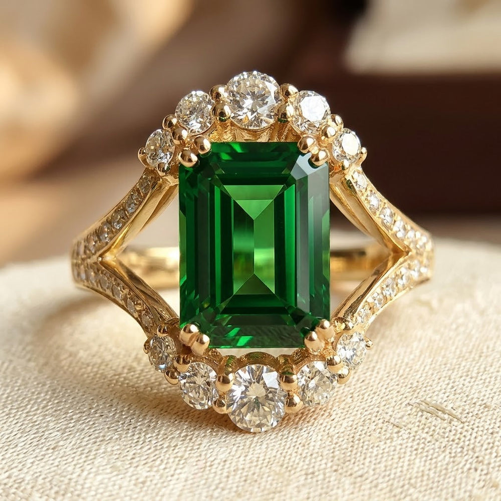 Anel Ambrosina Halo Pedra Verde | Dourado