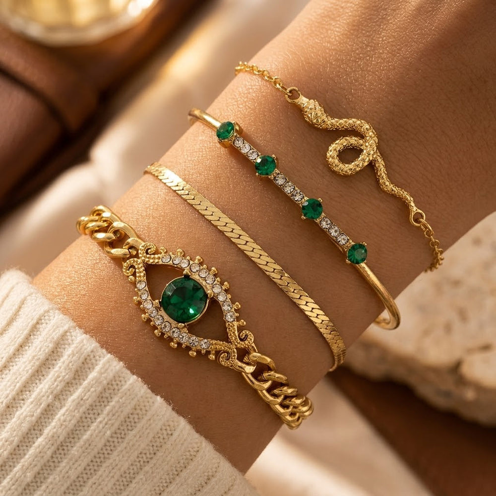 Mariana Green Stone Eye Bracelet Set | Gold