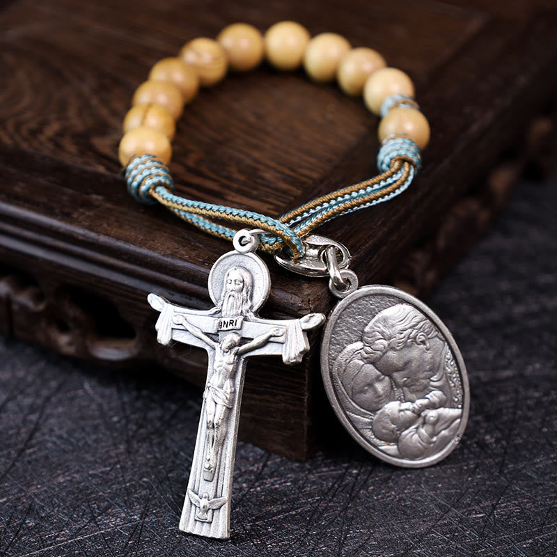 Mary Joseph with Baby Jesus Medal & Holy Trinity Cross Olive Wood Pocket