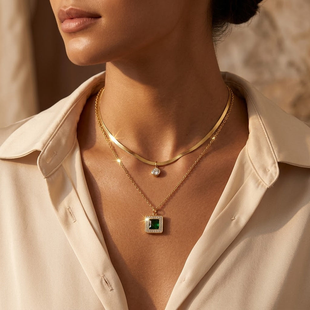Marisa Green Stone Layered Necklace | Gold