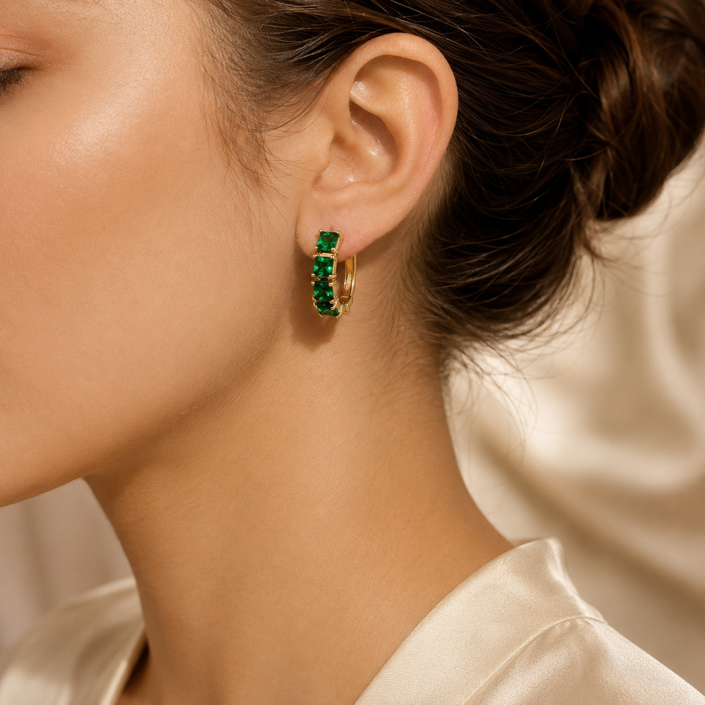 Claudete Green Stone Chunky Hoop Earrings | Gold