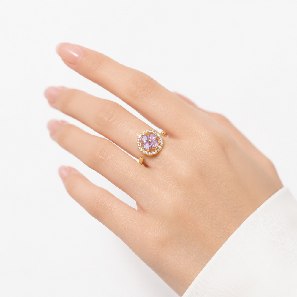 Anel Delma Flor Pedra Lilás | Dourado