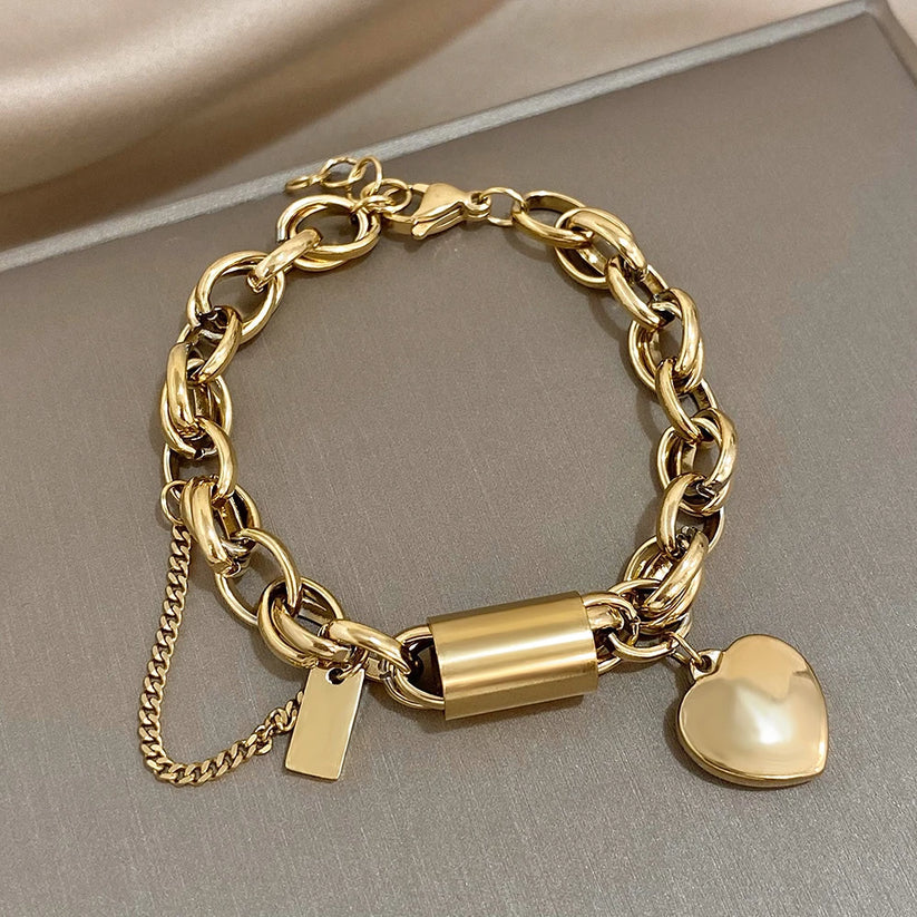 Pulseira Grossa com Coração | Dourado