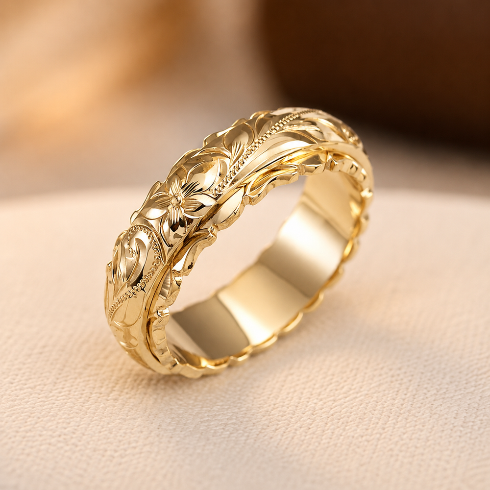 Adelina Engraved Flower Band Ring | Gold
