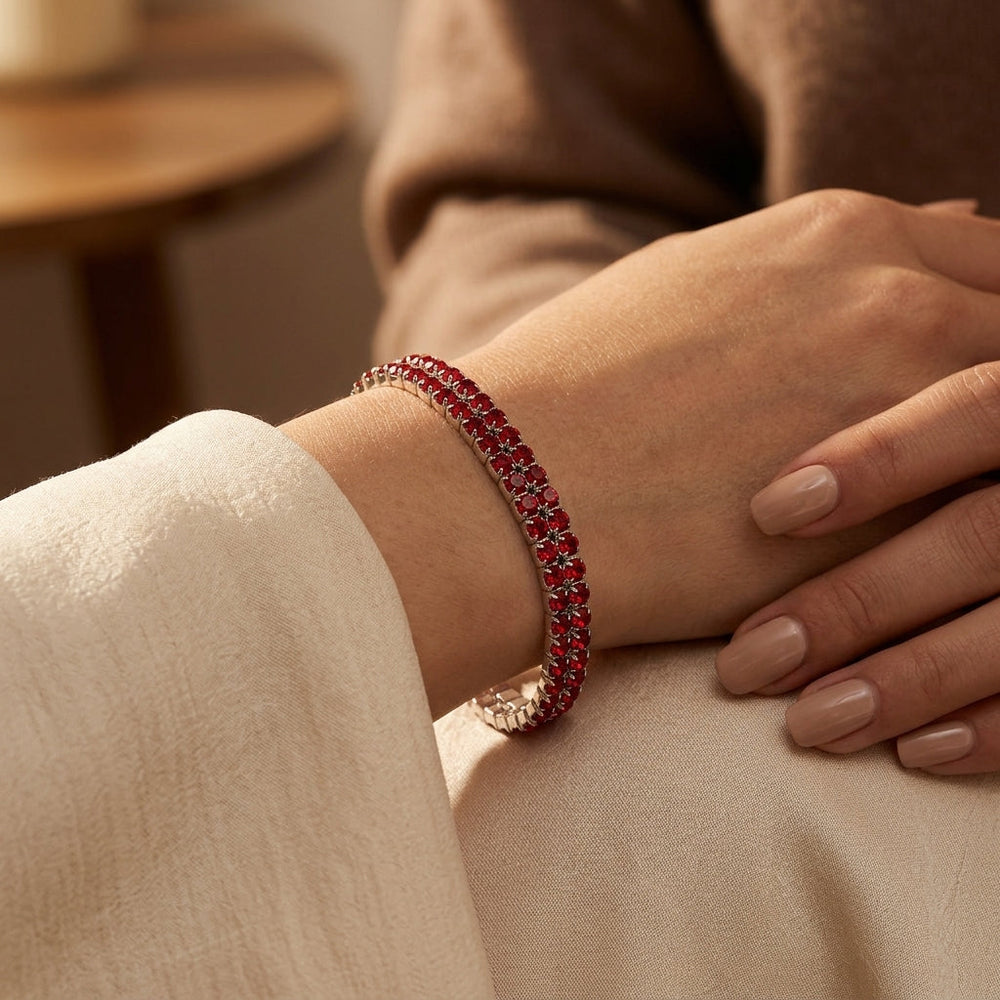 Pulseira Isaura Tênis Dupla Pedras Vermelhas | Prateado