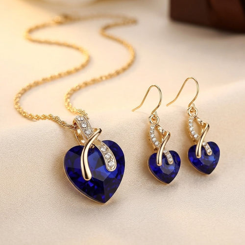 Cacilda Blue Heart Necklace and Earrings Set | Gold