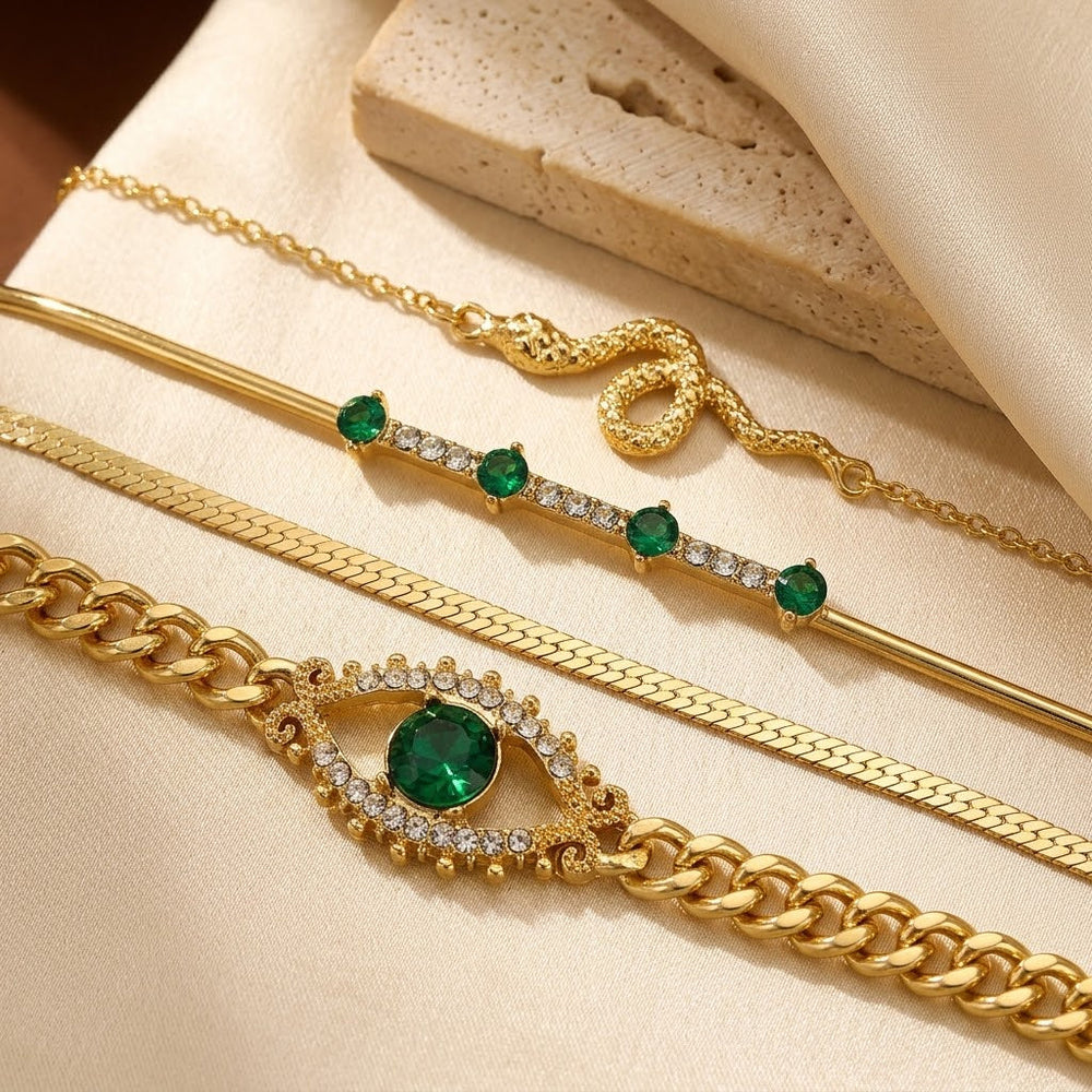 Mariana Green Stone Eye Bracelet Set | Gold