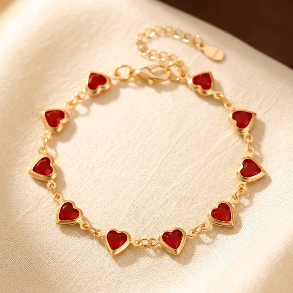 Pulseira Elba Corrente Corações Vermelhos | Dourado