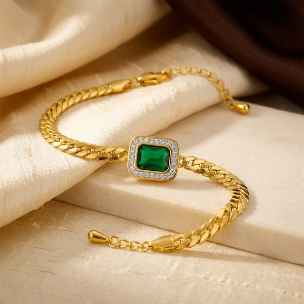 Pulseira Benta Corrente Pedra Verde | Dourado