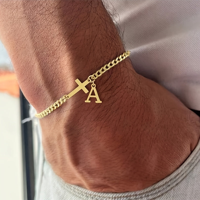 Pulseira Dora Corrente Cruz e Letra | Dourado