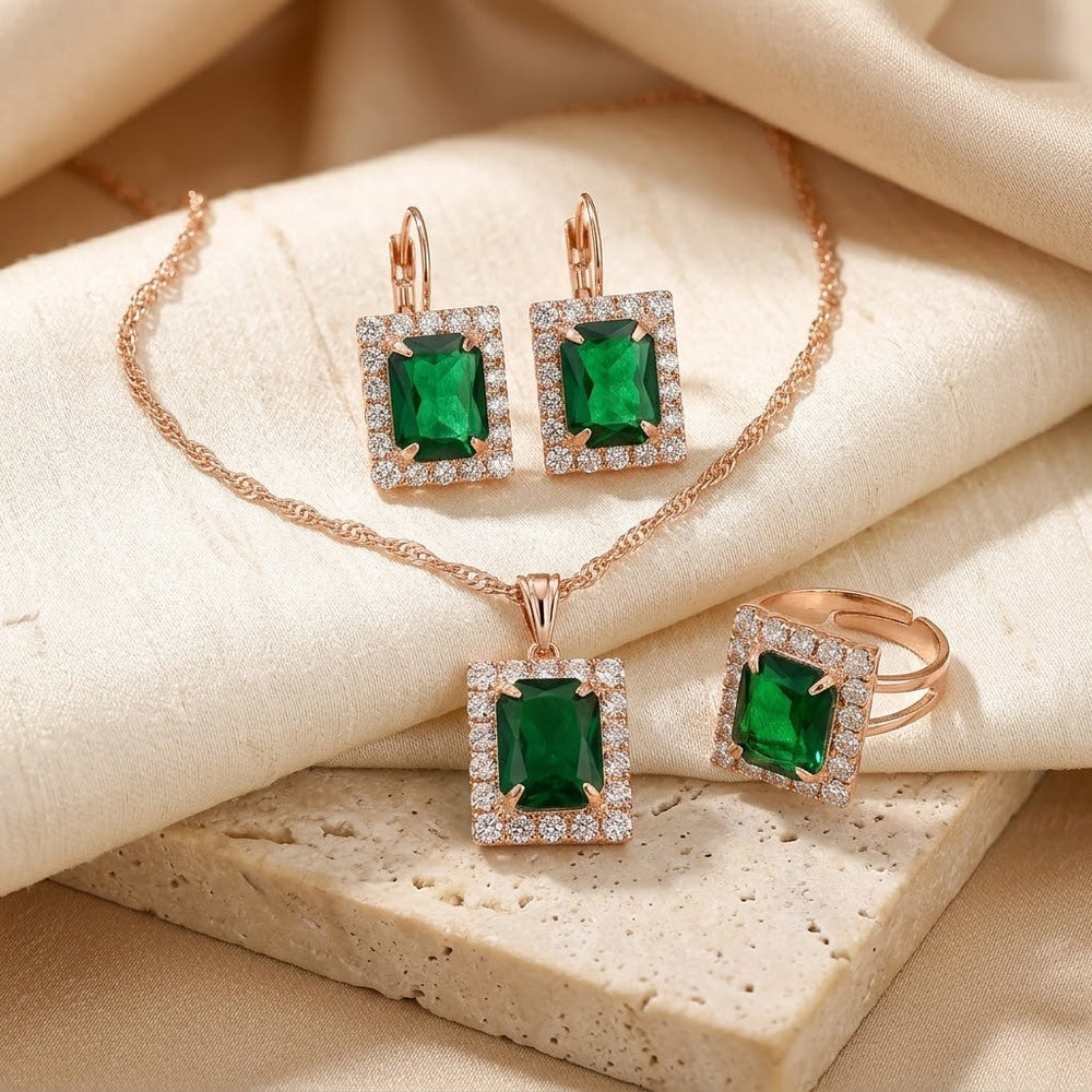 Conjunto Mafalda Colar, Brincos e Anel Pedra Verde | Rosé